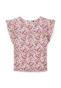 Blusa a maniche corte con motivo floreale su sfondo bianco. Presenta fiori rosa, gialli e verdi; tessuto morbido e leggero; vestibilità rilassata.