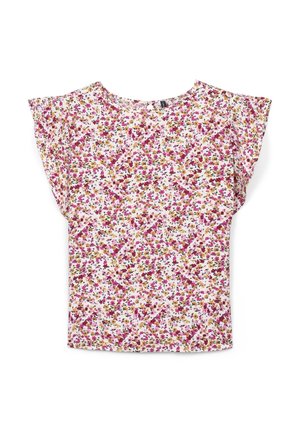Blusa a maniche corte con motivo floreale su sfondo bianco. Presenta fiori rosa, gialli e verdi; tessuto morbido e leggero; vestibilità rilassata.