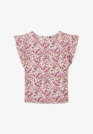 Chemisier à manches courtes avec un fond blanc. Présente des fleurs roses, jaunes et vertes ; tissu doux et léger ; coupe décontractée.