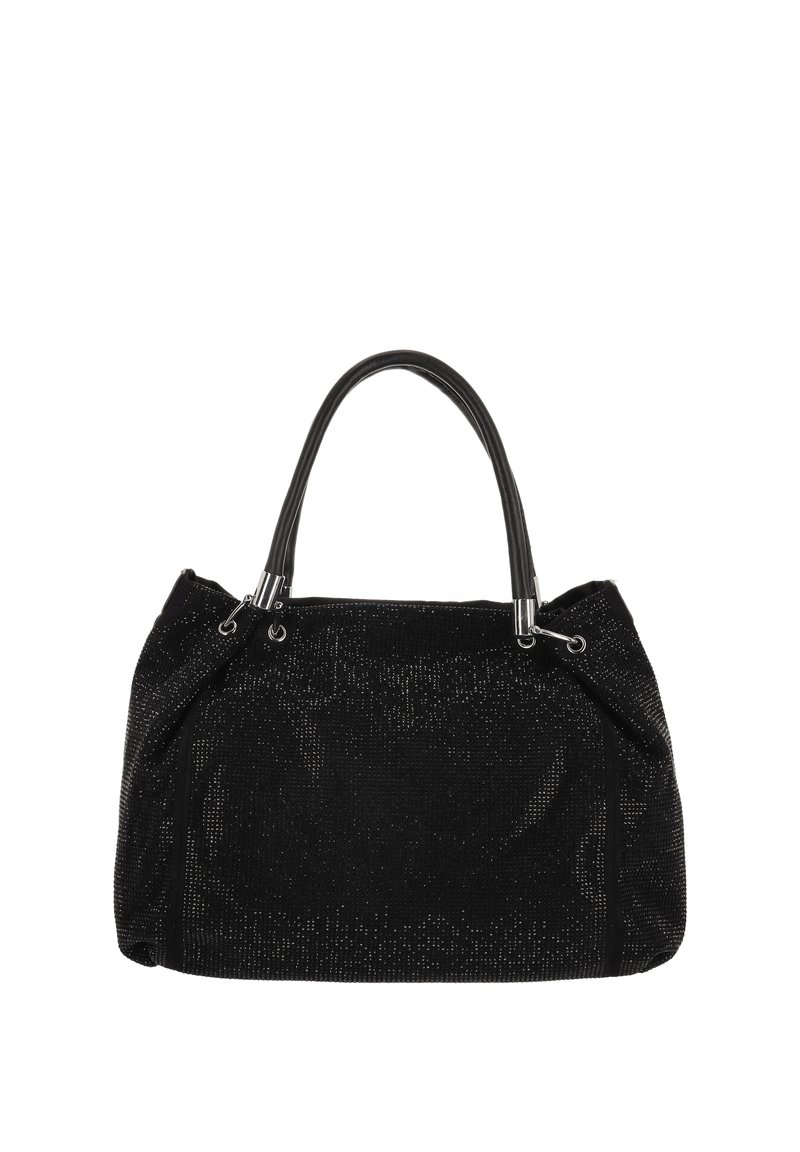 Bolso negro con una superficie texturizada y brillante. Cuenta con dos asas negras y detalles de herrajes plateados. Diseño espacioso y estructurado.
