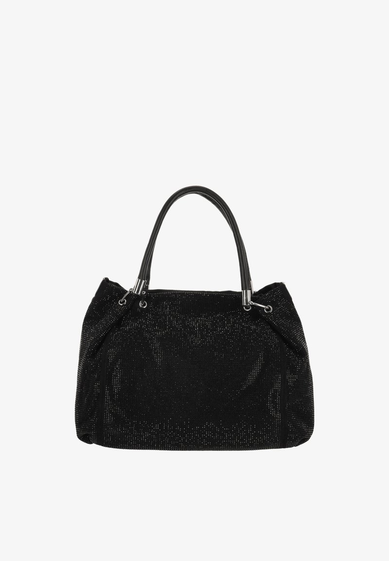 Bolso negro con una superficie texturizada y brillante. Cuenta con dos asas negras y detalles de herrajes plateados. Diseño espacioso y estructurado.