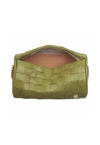 Borsa a tracolla in pelle verde con design intrecciato, chiusura con zip e texture liscia, dotata di un interno di colore chiaro e dettagli in oro.