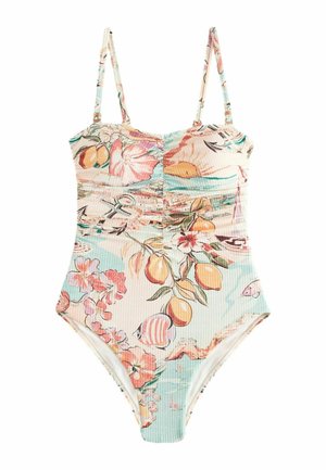 Bañador de una pieza con tirantes ajustables, con un estampado colorido de flores, limones, peces y sol sobre tela acanalada.