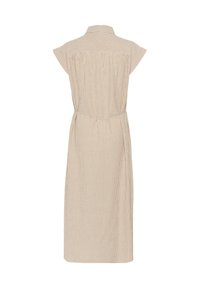 Randig klänning i beige och off-white, korta ärmar, krage, cinchad midja och knälängd. Vertikala ränder och en mjuk textur.