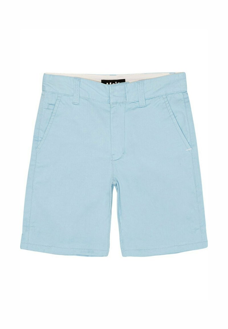 Ljusblå bomullsshorts med rak front, fem fickor och bälteshällor. Tyget har en slät, något texturerad yta.