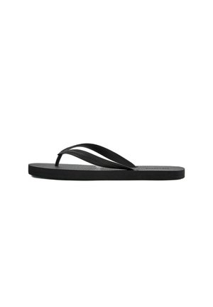 Sandale tongs en caoutchouc noir avec semelle texturée et bride en forme de Y, vue de côté sur fond blanc.