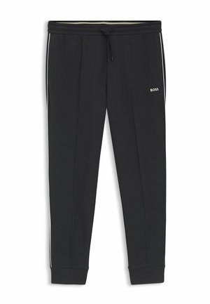 Pantaloni da jogging neri con gambe affusolate, polsini elastici, strisce laterali, coulisse in vita e piccolo logo bianco "BOSS" sulla coscia superiore.