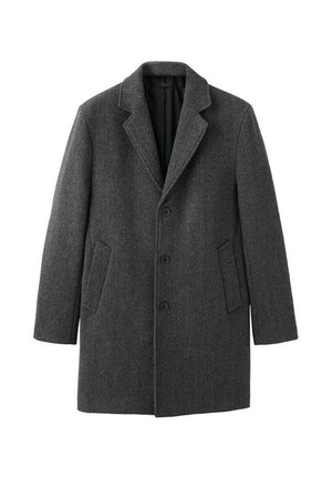 Manteau en laine grise avec un col cranté, une coupe à simple boutonnage, trois boutons et deux poches latérales. Texture lisse, longueur mi-cuisse.