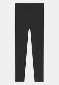 Sorte ribbede leggings med en kroppsnær design, som har et elastisk liv og en jevn tekstur. Ingen mønstre eller tilleggselementer synlige.