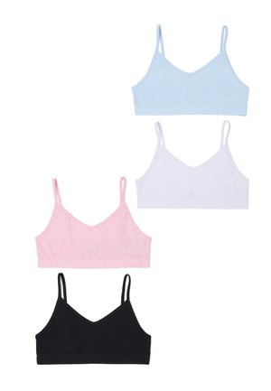 Cuatro tops de bralette sin costuras con tirantes finos en azul, blanco, rosa y negro, dispuestos en una cuadrícula vertical sobre un fondo blanco.