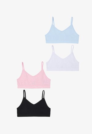Cuatro tops de bralette sin costuras con tirantes finos en azul, blanco, rosa y negro, dispuestos en una cuadrícula vertical sobre un fondo blanco.