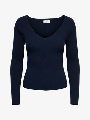 Tumši zils riboti adīts džemperis ar garām piedurknēm un dziļu V veida kakla izgriezumu, pieguloša silueta.