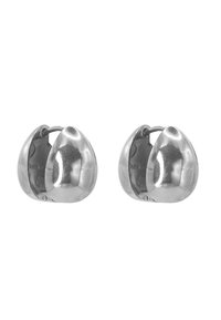 Orecchini in metallo color argento con una forma arrotondata a forma di uovo. Presentano una chiusura a cerniera e una superficie liscia e lucida.