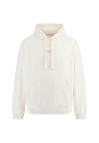 Hvid hoodie med et struktureret bladmønster, frontkanguro-lomme, snørende hætte og ribbede manchetter. Materialet ser blødt og hyggeligt ud.