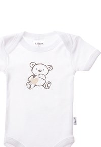 White baby onesie featuring a brown outline of a teddy bear holding a beige heart. It has short sleeves and a snap closure at the bottom.