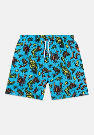 Pantaloncini da nuoto azzurri brillanti con colorate creature marine a fumetti, tra cui aragoste, pesci e alghe, e una cintura con coulisse bianca.