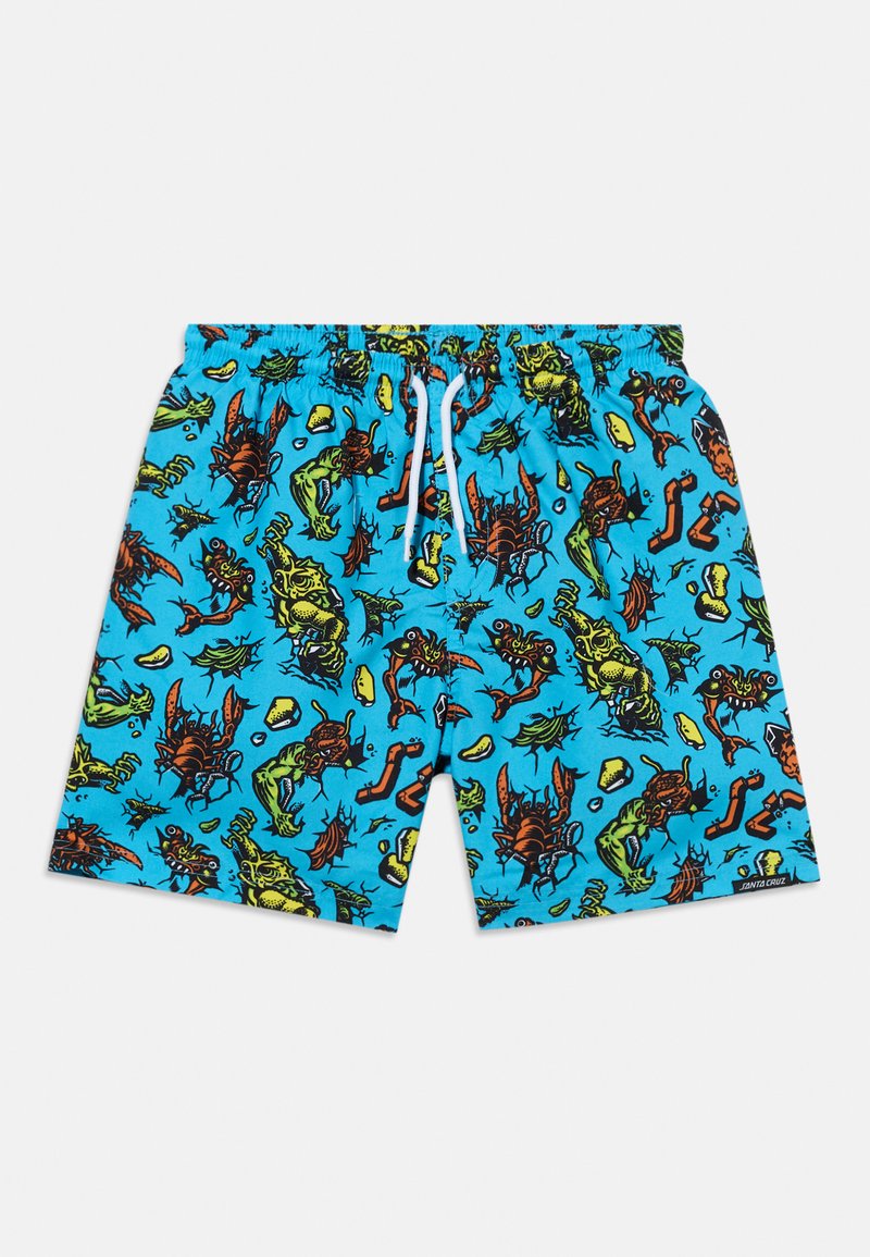 Φωτεινά μπλε μαγιό σορτς με πολύχρωμα καρτούν θαλάσσια πλάσματα, όπως αστακούς, ψάρια και φύκια, με λευκό κορδόνι στη μέση.