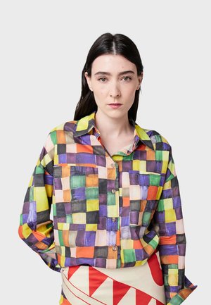 Camicia a maniche lunghe con bottoni, multicolore, a motivo a griglia con quadrati viola, verdi, arancioni e gialli; dotata di colletto.