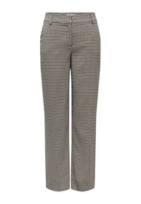 Pantalons à carreaux marron et noir avec une coupe droite, présentant un devant plat, des passants de ceinture et des poches latérales. Tissu lisse et ajusté.