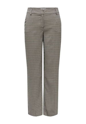 Pantaloni a quadri marroni e neri con design a gamba dritta, dotati di una cintura piatta, passanti per cintura e tasche laterali. Tessuto liscio e su misura.
