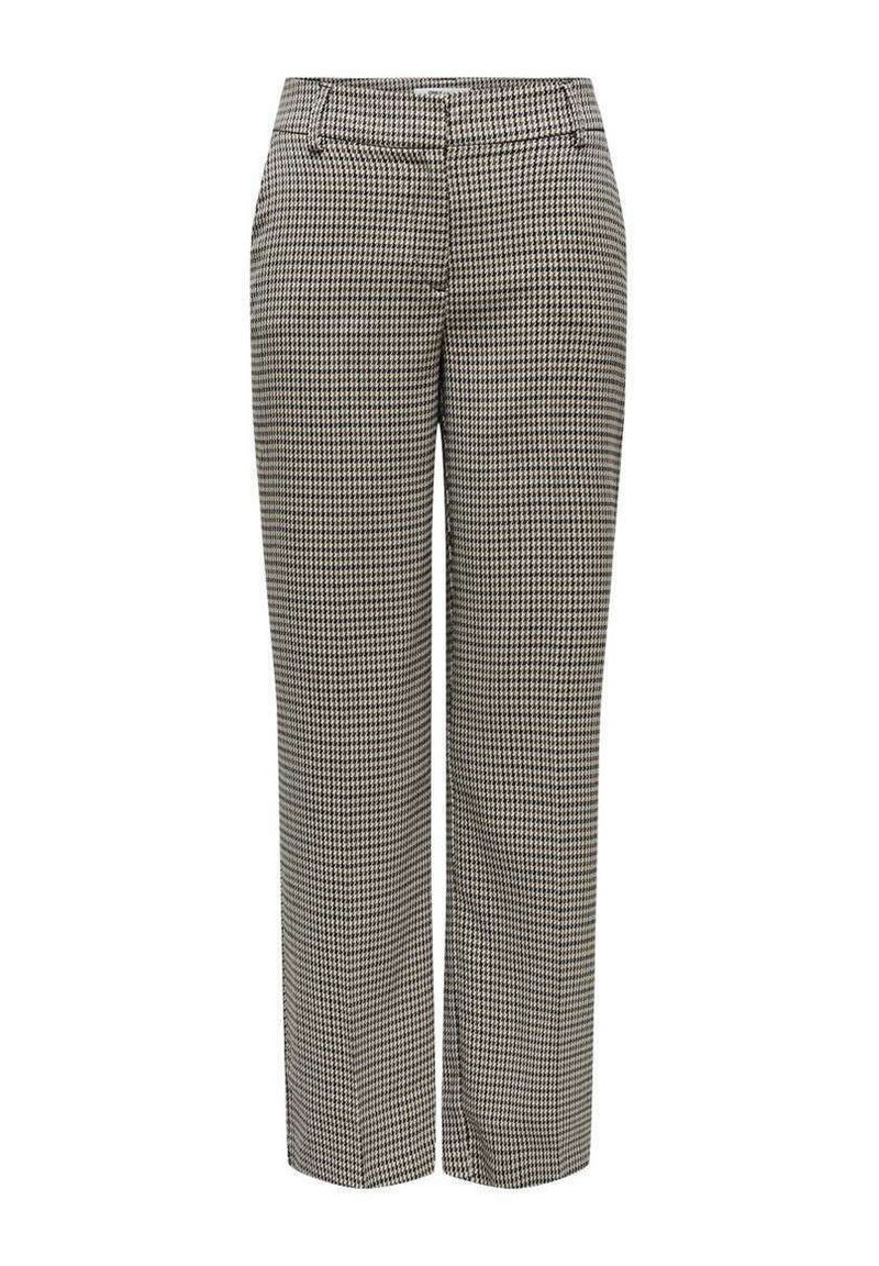 Pantalons à carreaux marron et noir avec une coupe droite, présentant un devant plat, des passants de ceinture et des poches latérales. Tissu lisse et ajusté.