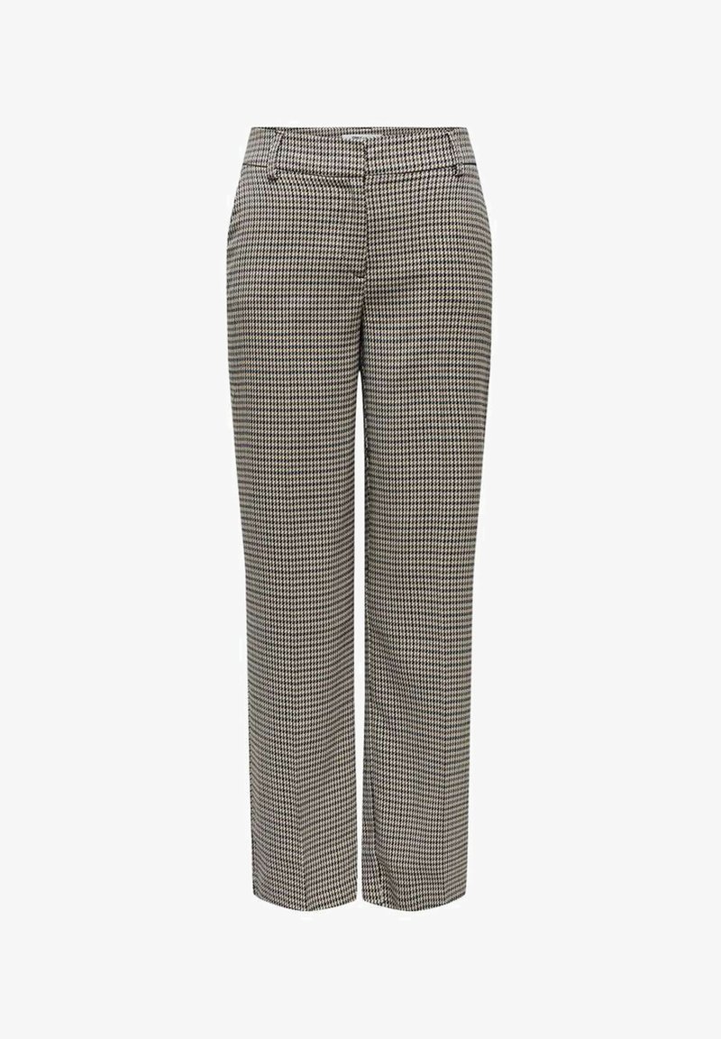 Pantalons à carreaux marron et noir avec une coupe droite, présentant un devant plat, des passants de ceinture et des poches latérales. Tissu lisse et ajusté.