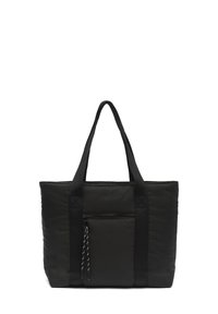 Čierna taška cez rameno z nylonu so štruktúrovaným tvarom, dvoma hornými uchami a prednou zipsovou kapsou. Obsahuje textúrovanú tkaninu a kontrastné popruhy.