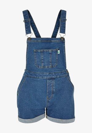 Salopette en denim avec bretelles réglables, poche avant et poignets retroussés. Couleur bleu moyen et finition en denim texturé.