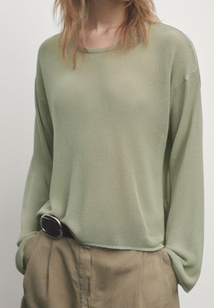 Woman wearing a light green long-sleeve sweater tucked into beige pants with a black belt, hands in pockets, standing against a plain background.