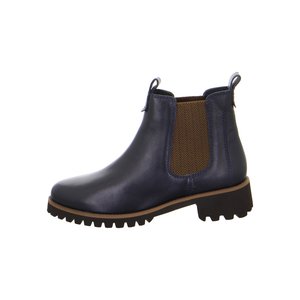 Stivale Chelsea in pelle blu navy con pannello laterale elastico marrone e suola nera robusta, caratterizzato da linguette di tiraggio sul colletto della caviglia.