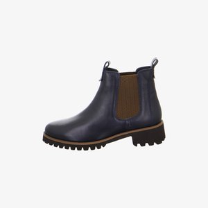 Stivale Chelsea in pelle blu navy con pannello laterale elastico marrone e suola nera robusta, caratterizzato da linguette di tiraggio sul colletto della caviglia.