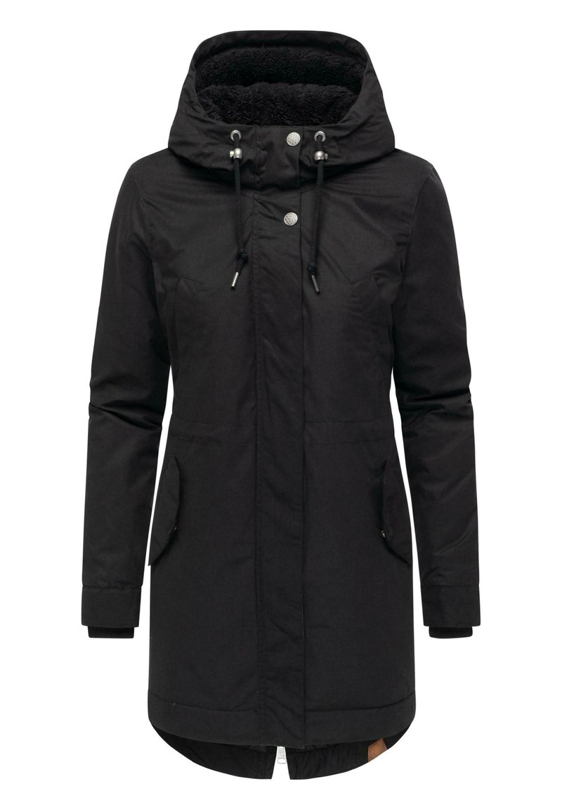 Black parka jacket with a hood, drawstrings, side pockets, and a soft inner lining. Features a longer back and ribbed cuffs.