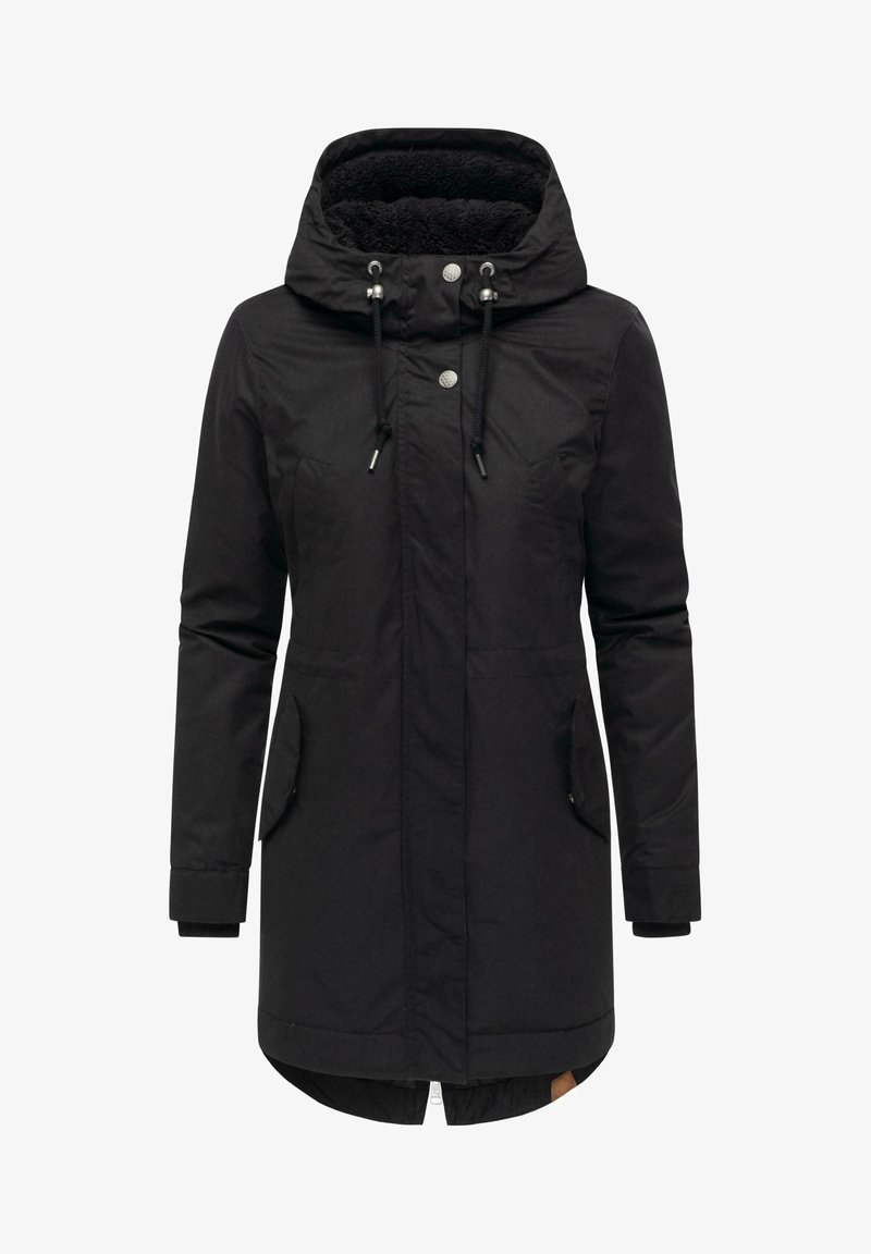 Black parka jacket with a hood, drawstrings, side pockets, and a soft inner lining. Features a longer back and ribbed cuffs.