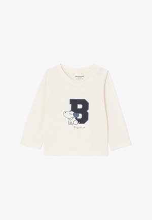 Helles langärmliges Baby-Shirt mit blauem "B" und einem Cartoon-Hund, beschriftet mit "Dogsitter". Druckknöpfe an der Schulter für einfaches Ankleiden.