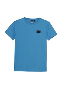 Blå bomull t-shirt med rund hals, korta ärmar och en svart logotyp på vänster bröst. Slät textur och standardpassform.