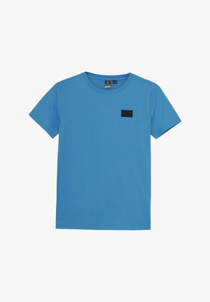 Blå bomulds T-shirt med rund hals, korte ærmer og et sort logo mærke på venstre bryst. Glat tekstur og klassisk pasform.