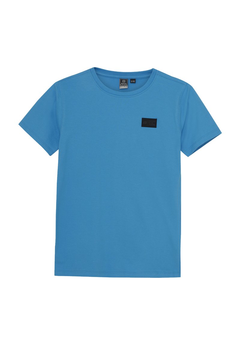 Blå bomull t-shirt med rund hals, korta ärmar och en svart logotyp på vänster bröst. Slät textur och standardpassform.