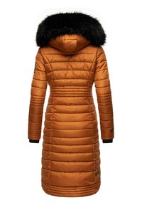 Long orange puffer coat with a black fur-trimmed hood, featuring quilted sections, elastic cuffs, and a fitted waist design.