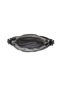 Borsa in pelle nera con una cerniera argentata, che mostra un ampio interno grigio con un motivo a logo e una tasca piccola.