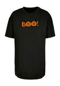Tricou negru cu un grafic portocaliu "Boo!" ce include fețe de dovleac și lilieci, realizat dintr-un material moale și conceput pentru confort.