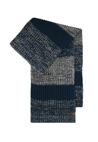 Gestrickter Schal in dunkelblau und creme, mit dicken gerippten Kanten und strukturierten Streifen. Weiches, warmes Material mit einem Etikett-Detail.