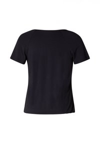 Schwarzes T-Shirt mit kurzen Ärmeln, von hinten gezeigt, mit einfachem, geradem Schnitt und ohne sichtbare Designs oder Logos.
