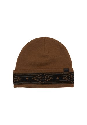 Brown knit beanie with a black patterned band featuring geometric motifs and horizontal stripes. Smooth texture, features a logo tag.