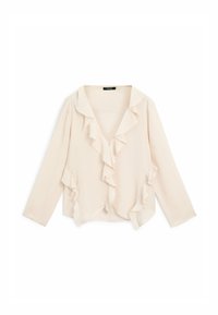 Blusa rosa chiaro in morbido tessuto con scollatura a V, maniche lunghe e volant lungo il collo e i bordi frontali.