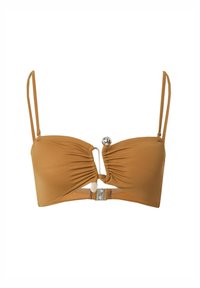 Bruine bikini-top met geplooide stof, verstelbare bandjes en een metalen accent in het midden. Heeft een kliksluiting aan de achterkant.