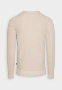 Maglione beige a maniche lunghe con collo rotondo, polsini e orlo a coste, caratterizzato da una texture liscia e morbida e maniche raglan.