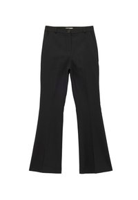 Pantalones de campana negros hechos de una tela suave, con cierre de botón en la parte delantera, dos bolsillos laterales y un detalle de costura limpia a lo largo de las costuras.