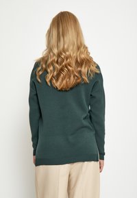 Dunkelgrüner, texturierter Pullover mit langen Ärmeln, geripptem Saum und lockerer Passform, getragen über beigen Hosen. Rückansicht, Haare fallen herunter.