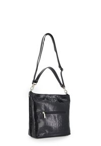 Black leather handbag with crocodile texture, front zipper pocket, and adjustable shoulder strap with silver hardware.