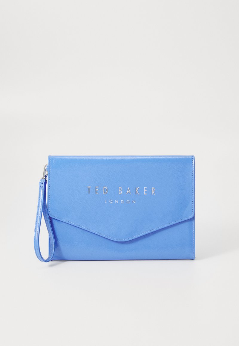 Clutch in faux leather blu con finitura lucida, dotato di una chiusura a pattina appuntita e logo "TED BAKER LONDON" in rilievo in argento.